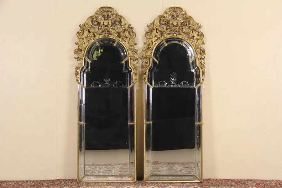 Main image of Pair of 1870's Antique Carved Gold French Mirrors, Cut Glass