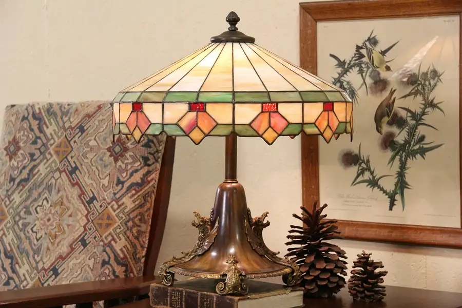 Main image of Stained Glass 1915 Lamp, Bronze Dragon Base