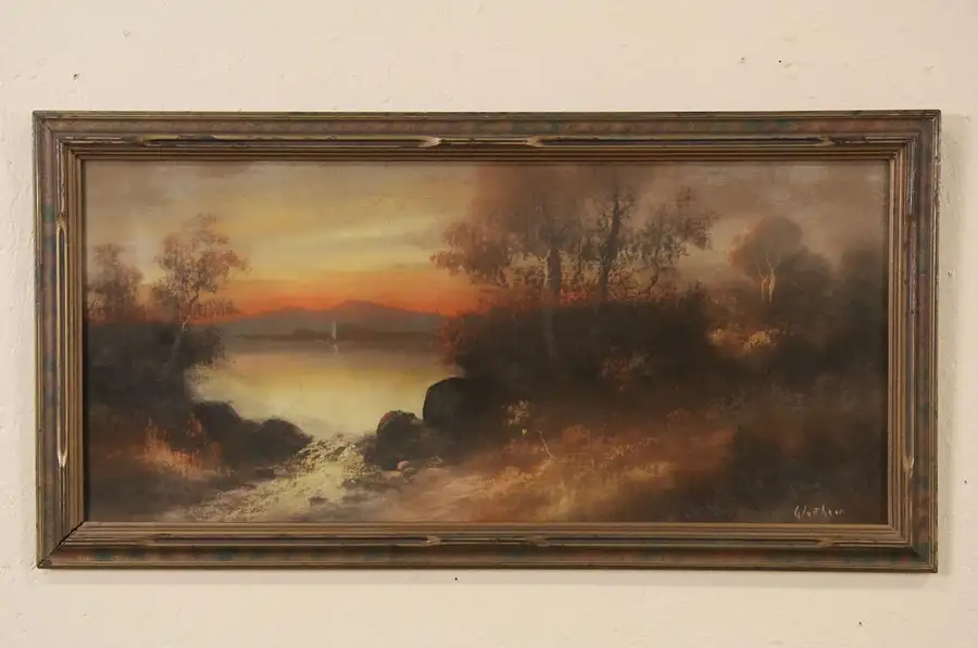 Main image of Sunset Original Signed 1900 Pastel or Chalk Drawing, Signed Glatthaar