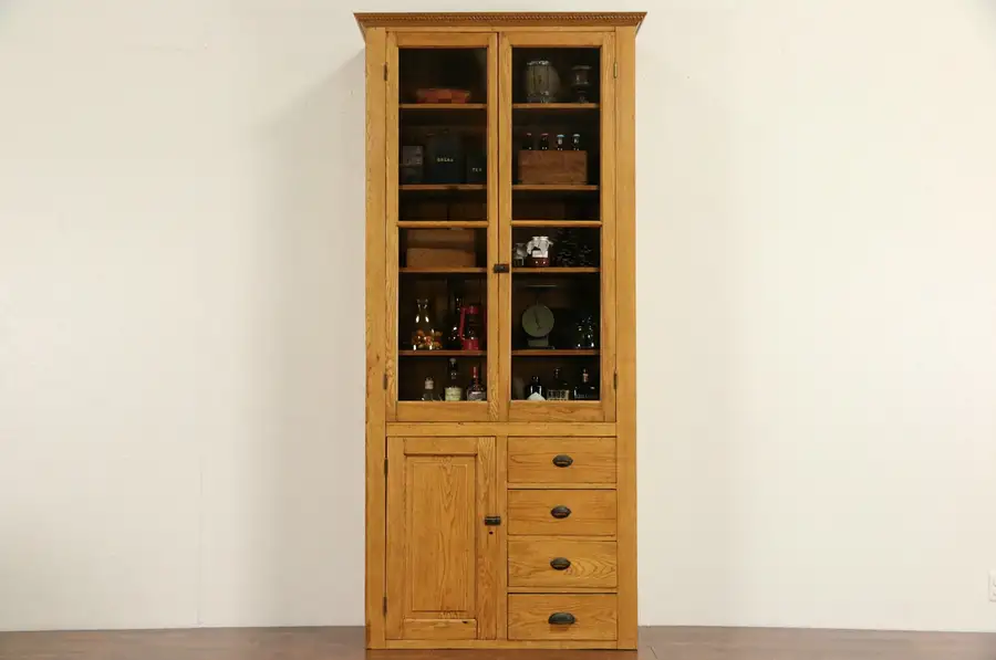 Main image of Oak 1900 Pantry Cupboard or Country China Cabinet, Wavy Glass Doors