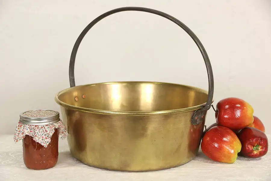 Main image of Brass Antique 1890's Jam Pot Kettle, Wrought Iron Handle