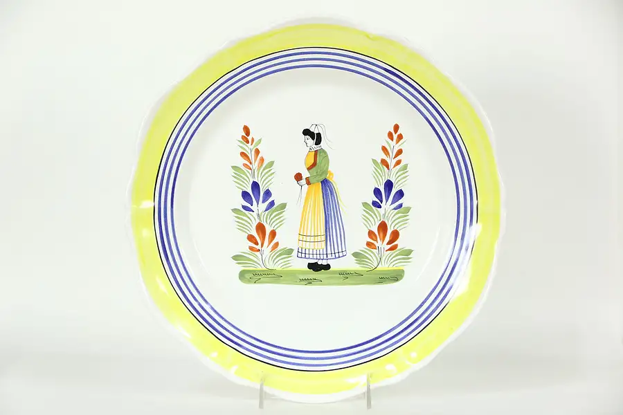Main image of Quimper Signed 13 1/2" Round Woman in Brittany Costume Platter or Charger