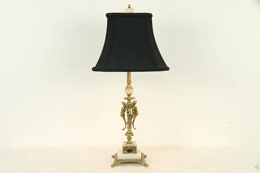 Main image of Vintage Lamp with Onyx & Brass Base, Female Figures, Benzamine