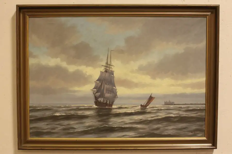 Main image of Tall Sailing Ship at Sea, Original 1920's Oil Painting