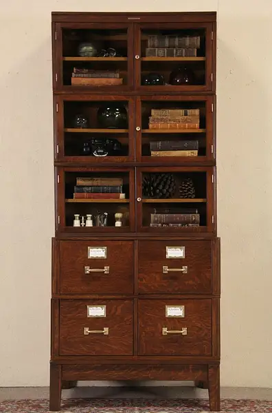 Main image of Oak Library Bureau 1910 Antique Stacking 4 Drawer File & Bookcase