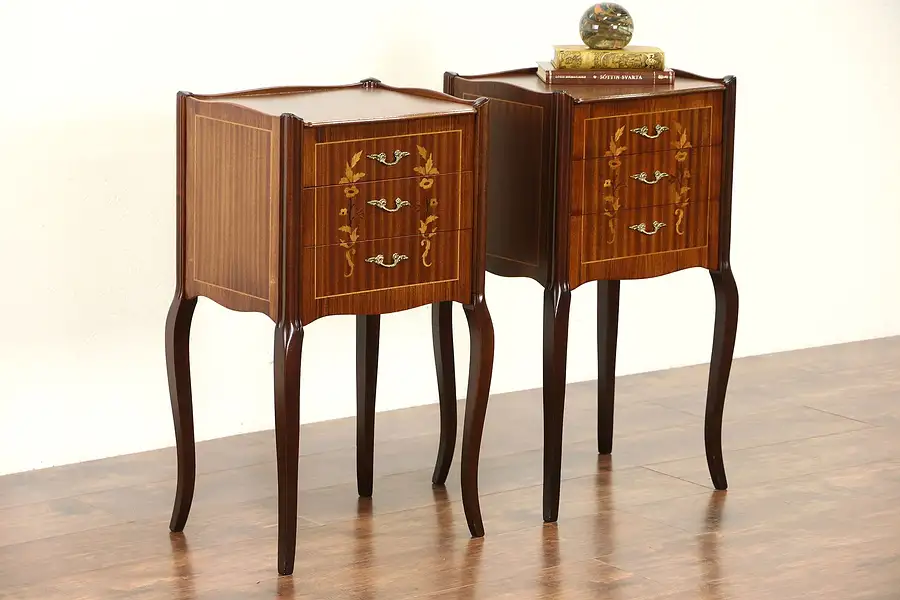 Main image of Pair of French 1950's Vintage Mahogany & Marquetry Nightstands