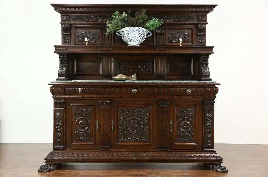Main image of Italian Renaissance 1900 Antique Back Bar, Server or Sideboard, Marble Top