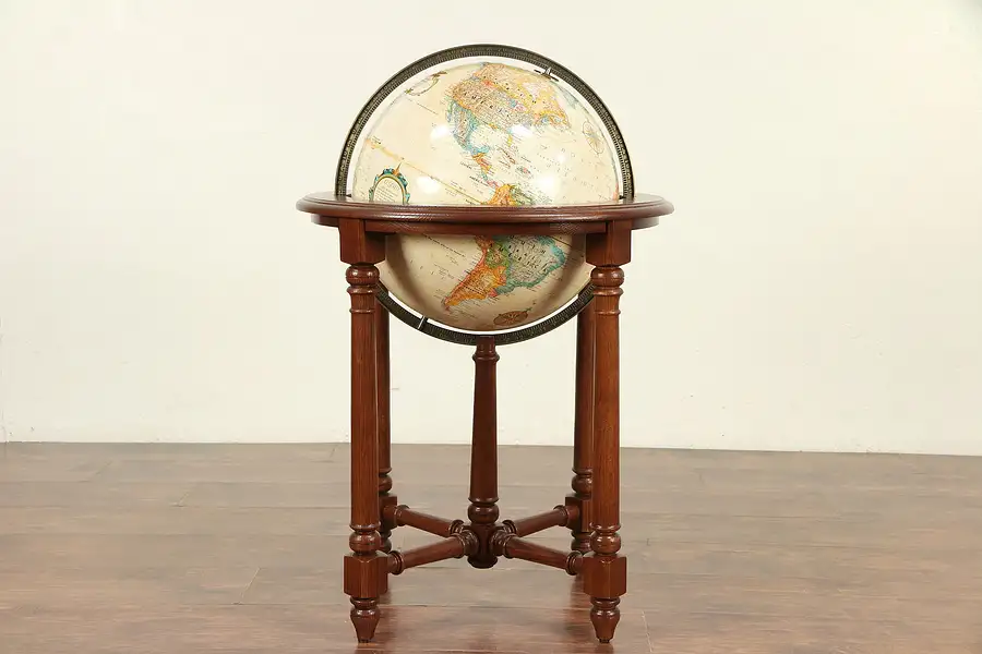 Main image of Globe of the World, Vintage Oak Stand, Signed Replogle and Ethan Allen