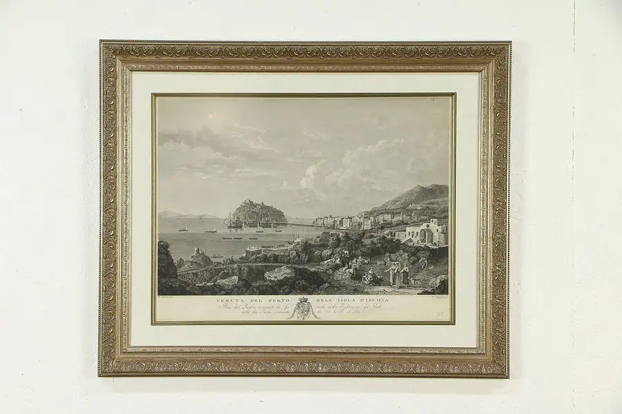 Main image of Port of Ischia, Italy Antique 1820 Engraving, New Custom Frame