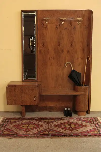 Main image of Art Deco Burled Hall Coat Stand, Mirror, Cane Holder