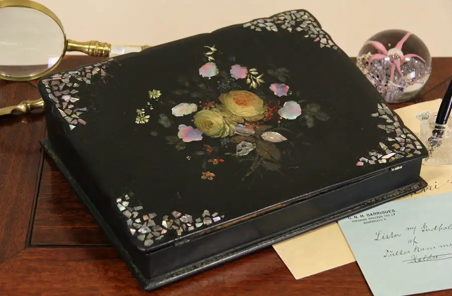 Main image of Papier Mache 1850's Antique English Pearl Inlaid Lap or Travel Desk