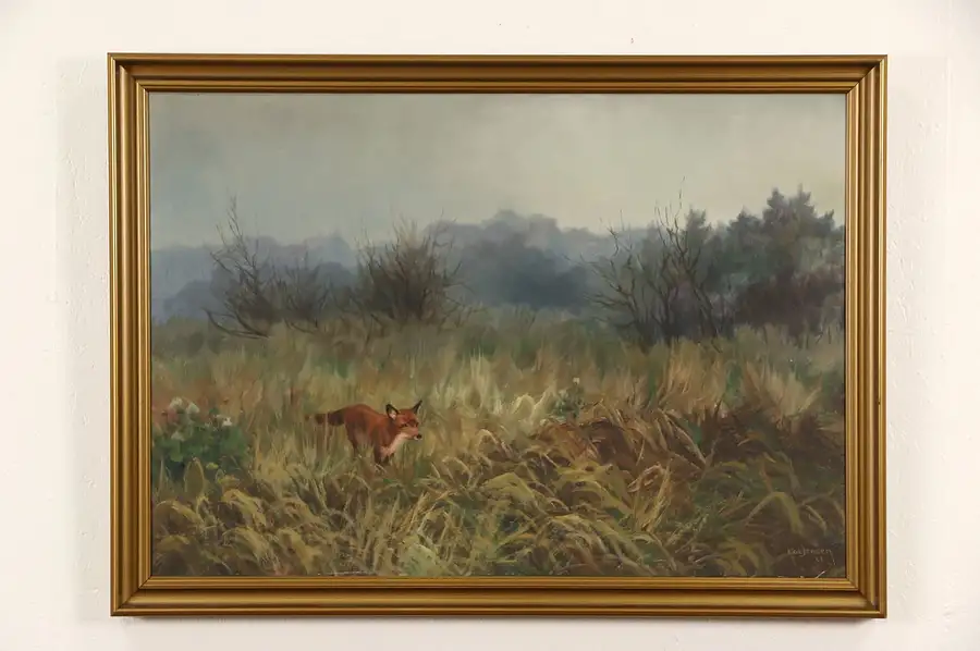 Main image of Fox in Meadow Original Scandinavian Oil Painting, Signed Kai Jensen 1963