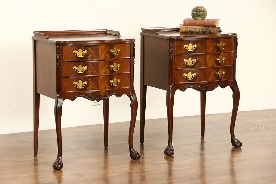 Main image of Pair of 1950 Vintage Traditional Mahogany Nightstands, Carved Claw Feet