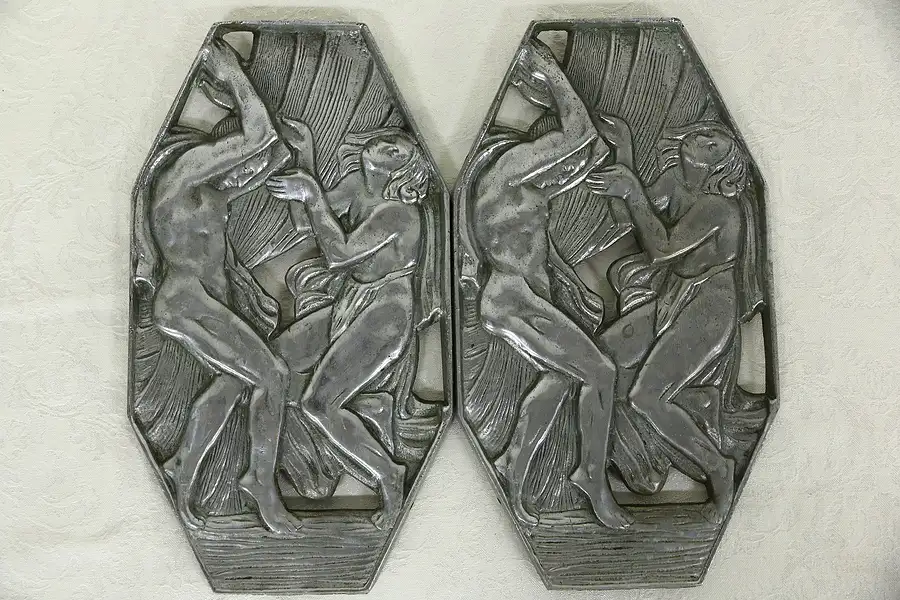 Main image of French Art Deco 1925 Pair Nickel Bronze Nude Dancers Sculpture Plaques