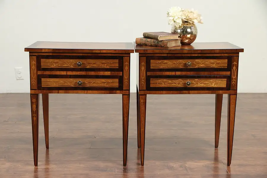 Main image of Pair Italian Vintage Rosewood Inlaid Marquetry Nightstands or End Tables