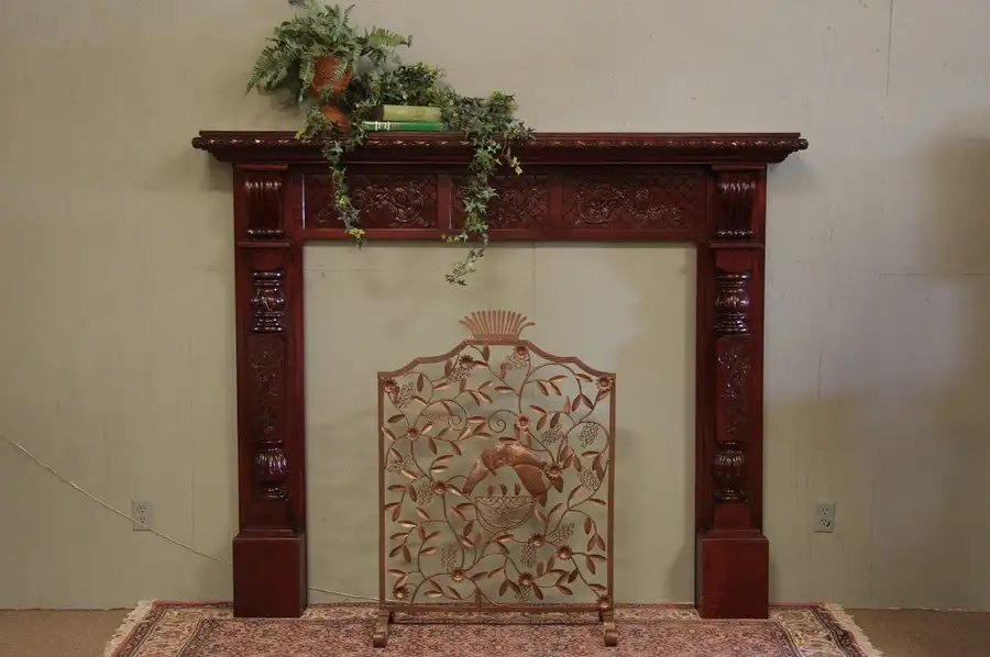 Main image of Large Carved Mahogany Fireplace Mantel & Surround