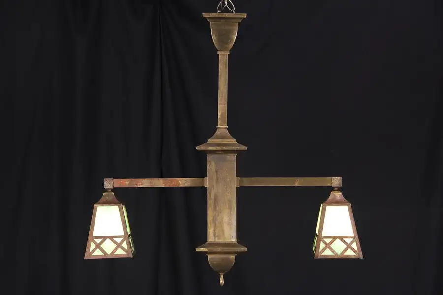 Main image of Arts & Crafts Mission Double Pendant Light Island Fixture, Brass & Stained Glass