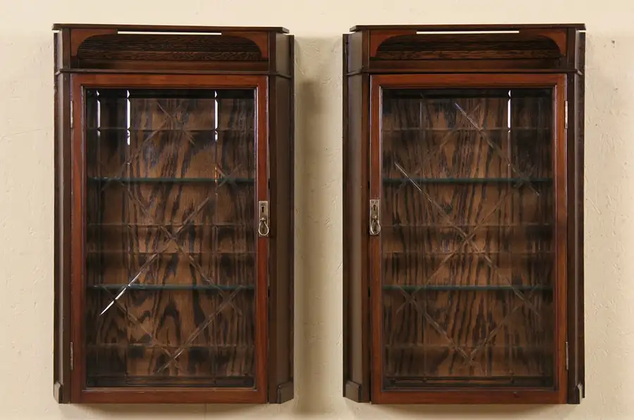 Main image of Pair of 1890's Antique Medicine Cabinets or Hanging Cupboards, Cut Glass Doors
