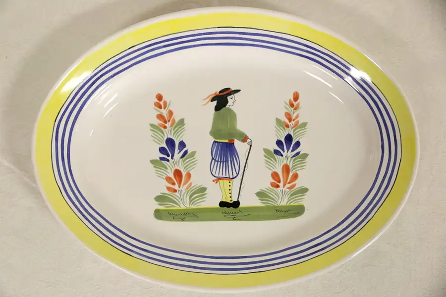 Main image of Henriot Quimper Signed 14" Oval Platter, Hand Painted Brittany, France