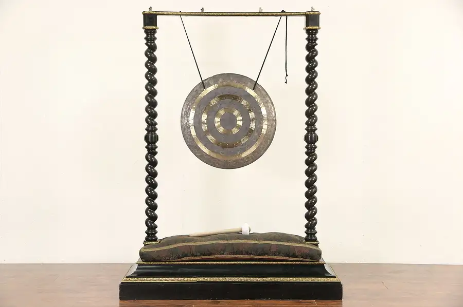 Main image of Chinese Bronze Gong in Antique 1900's Stand, Black Lacquer & Brass Mounts