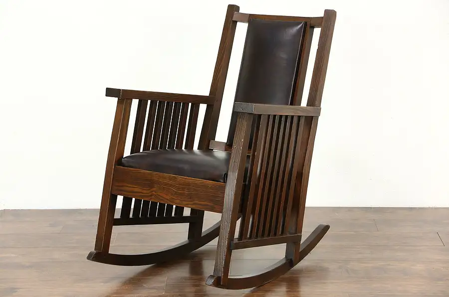 Main image of Arts & Crafts or Mission Pine Rocking Chair, Craftsman Rocker, New Leather