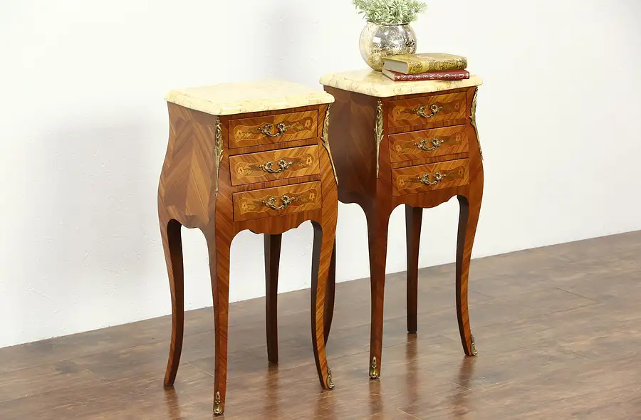 Main image of Pair French Marble & Marquetry Vintage Bombe Nightstands or End Tables, Signed