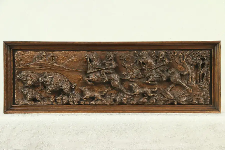 Main image of Architectural Salvage Carved Panel, Hunting Scene, Italy, Signed Mario