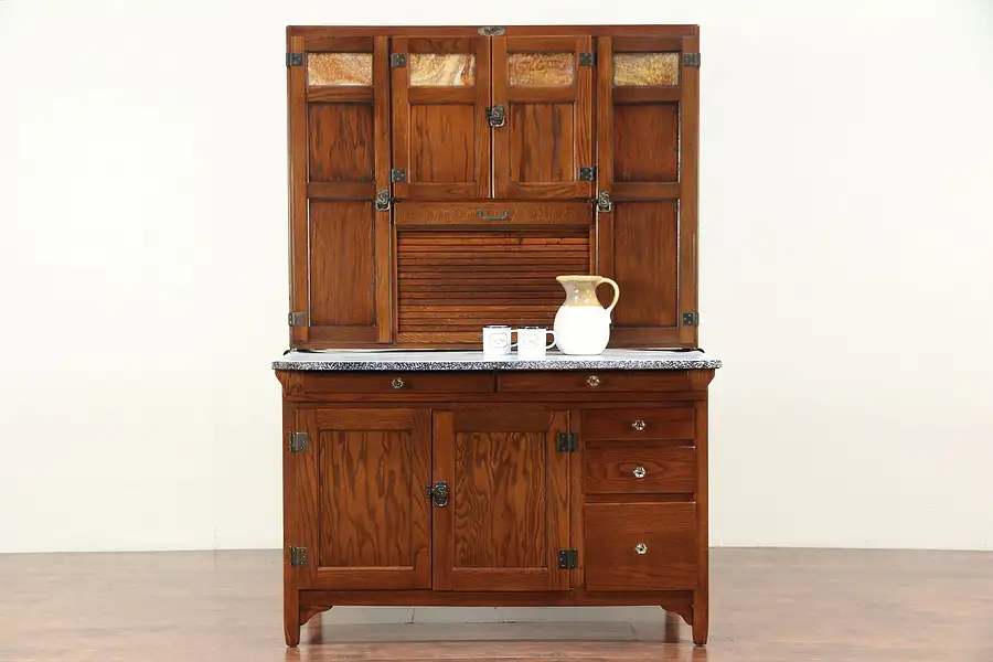 Main image of Oak Antique Hoosier Pantry Cupboard, Stained Glass, Roll Top, Sellers IN