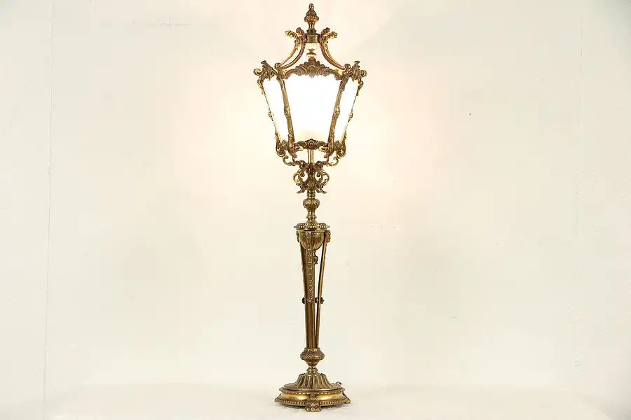 Main image of Bronze Vintage Lantern Table Lamp, Ram Heads, Cut Glass Shade