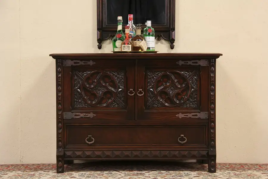 Main image of English Tudor 1925 Carved Oak Hunt Board, Sideboard or Server