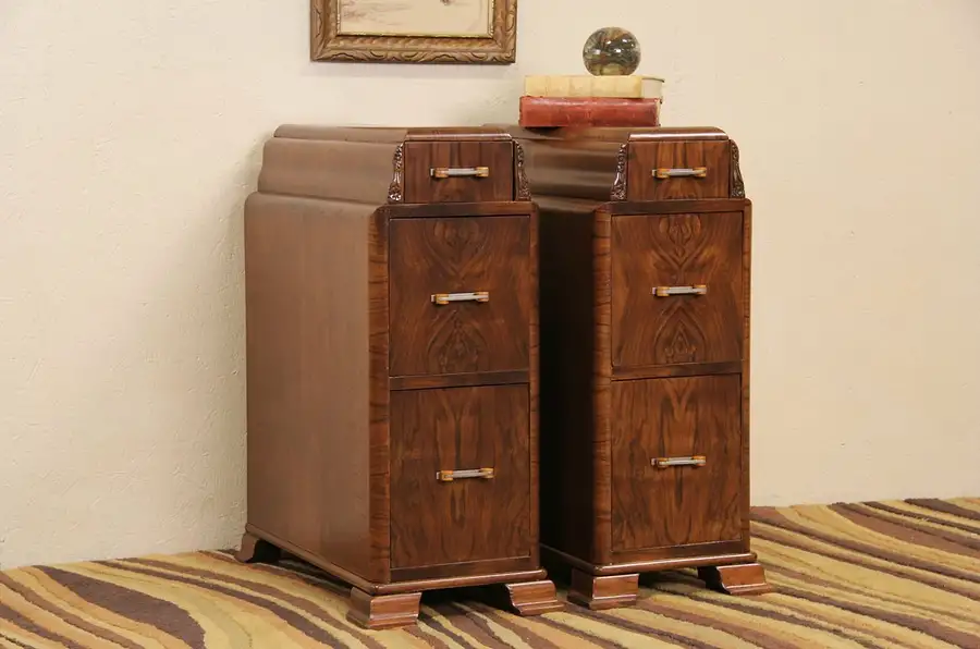 Main image of Pair Art Deco 1930's Narrow Nightstands or Bedside Chests