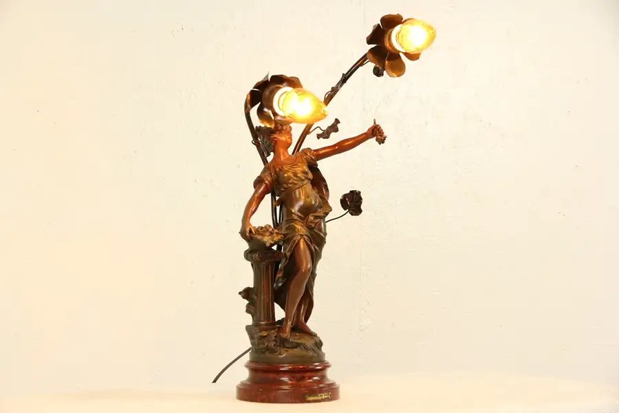 Main image of Moreau Signed French 1900 Antique Sculpture Lamp, Nymph & Roses
