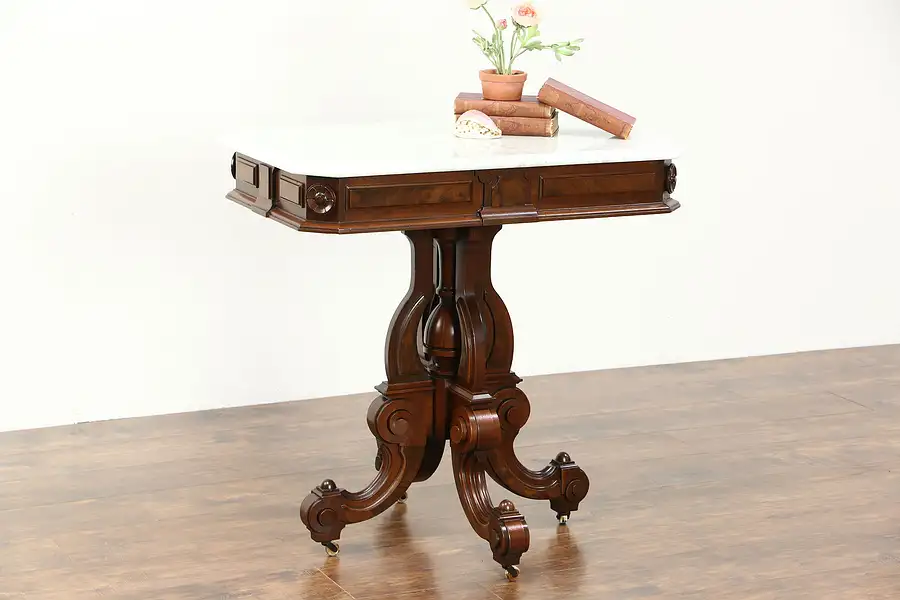 Main image of Victorian 1870 Antique Walnut & Burl Parlor Lamp Table, Repaired Marble Top