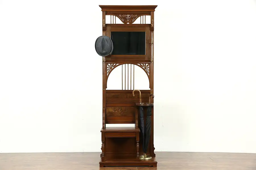 Main image of Victorian Eastlake Antique 1880's Hall Stand, Bench, Mirror, Umbrella Holder