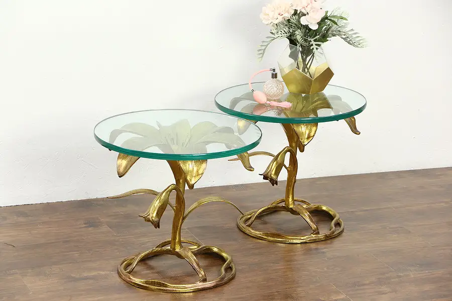 Main image of Arthur Court Lilly Table Pair, Gilded Hollywood Regency 1960 Vintage, Glass Tops