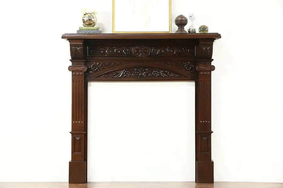 Main image of Oak Architectural Salvage Victorian Antique Carved Fireplace Mantel 10 1/2" Deep