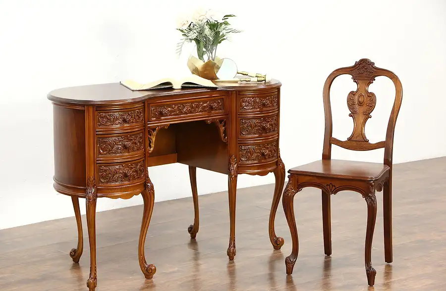 Main image of Kidney Shape 1940's Vintage Writing Desk & Chair Set, Carved Walnut