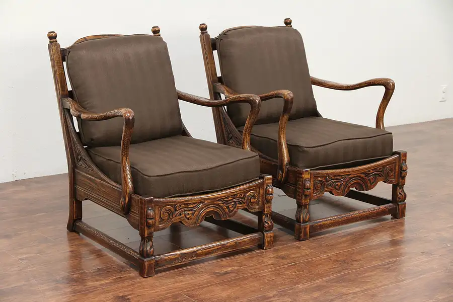 Main image of Pair English Tudor Carved Oak Club Chairs, Kittinger, New Upholstery