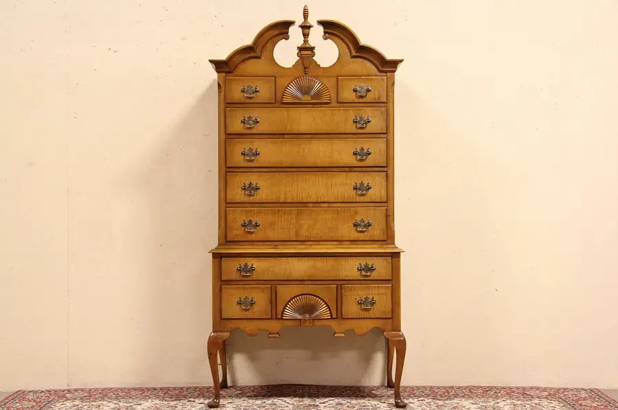 Main image of Curly or Tiger Maple 1940's Vintage Highboy or Tall Chest on Chest
