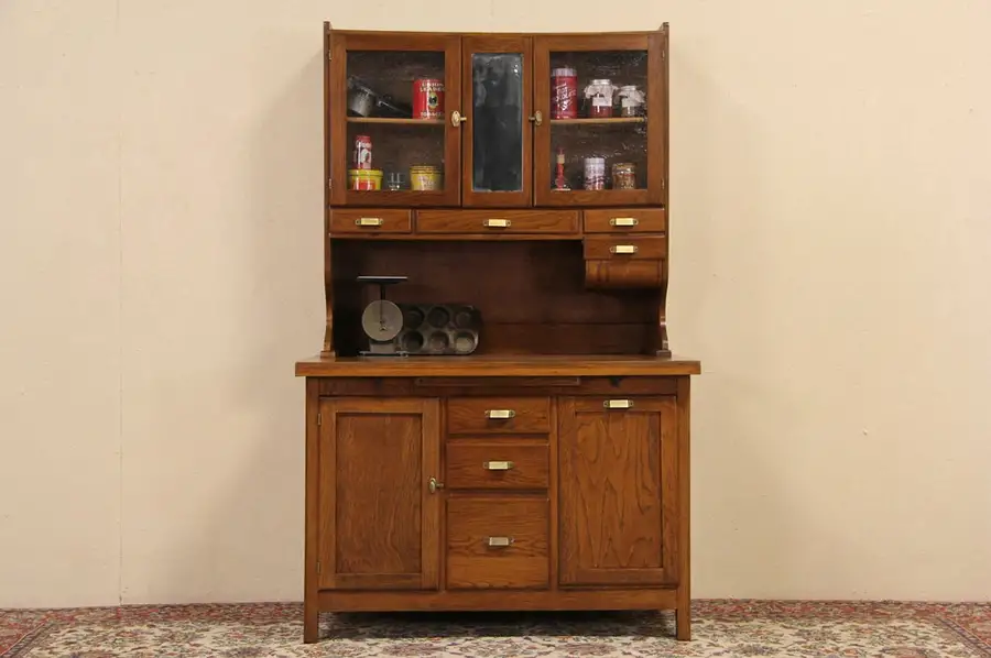 Main image of Oak Antique 1910 Hoosier Kitchen Pantry or Baker Cupboard