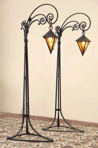 Main image of Pair 1920's Wrought Iron Stained Glass Floor Lantern Lamps