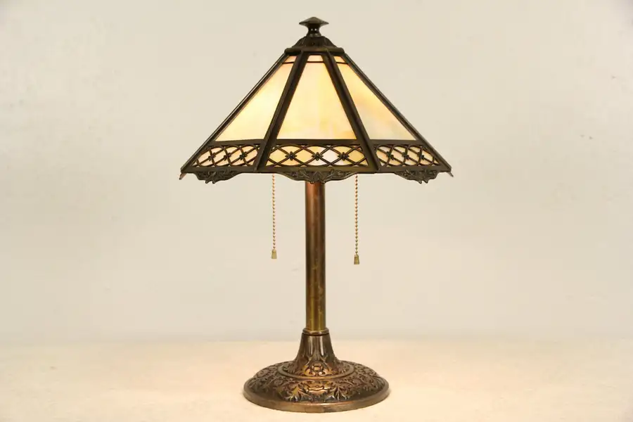 Main image of Bradley & Hubbard Signed 1915 Antique Table Lamp, Stained Glass Shade