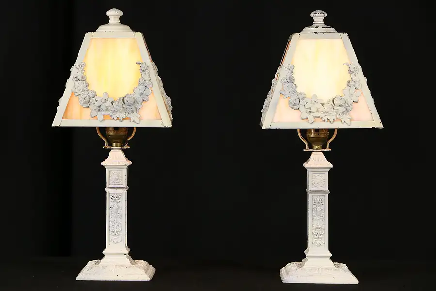 Main image of Pair of 1915 Boudoir Lamps, Stained Glass Shades, Gargoyles
