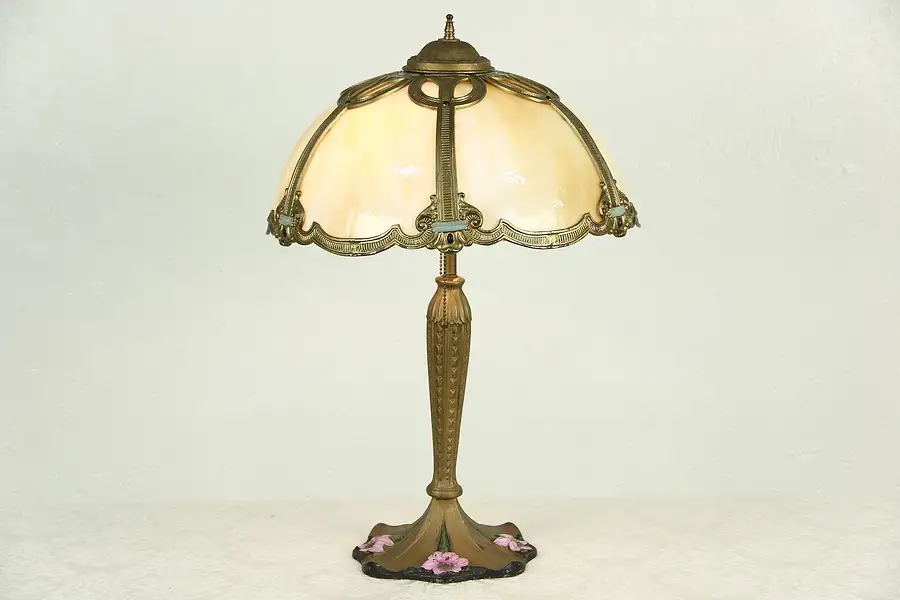 Main image of Iron Base Hand Painted Antique Lamp, Curved Stained Glass Panel Shade