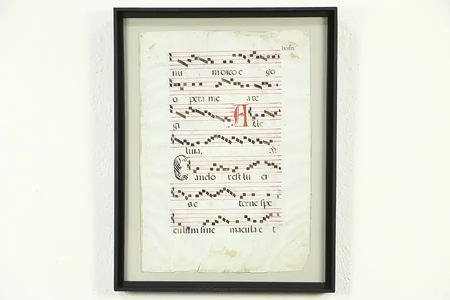 Main image of Musical Antique Latin Manuscript on Vellum, Hand Painted Late 1600's, Framed