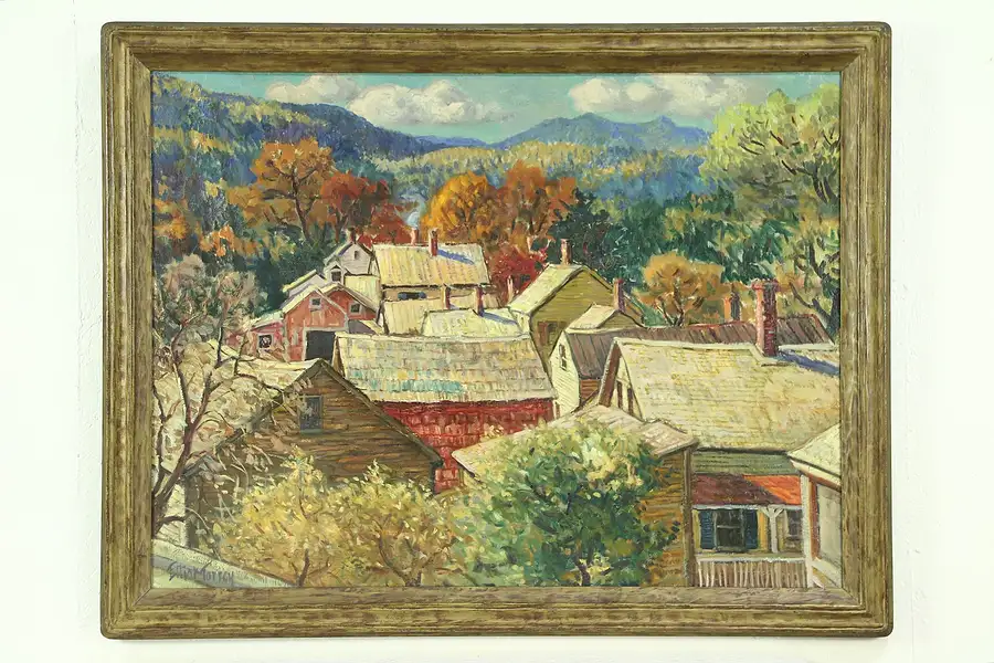 Main image of Village Roofs Vermont, Original Oil Painting, 1933? Signed Elliot Torrey