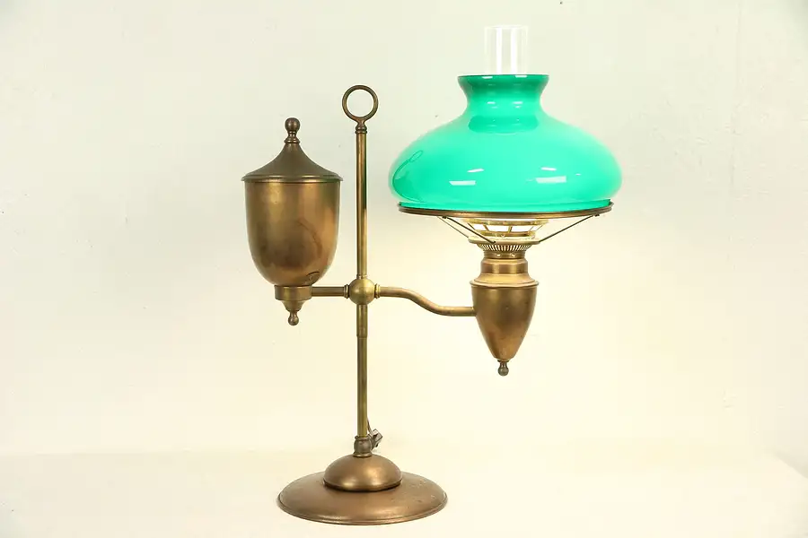 Main image of Victorian Antique Student Desk Lamp, Cased Green Shade, Electrified