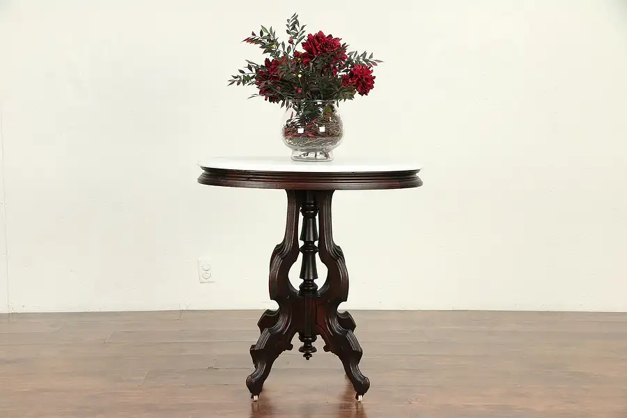 Main image of Victorian Oval Antique Walnut Lamp or Parlor Table, Marble Top