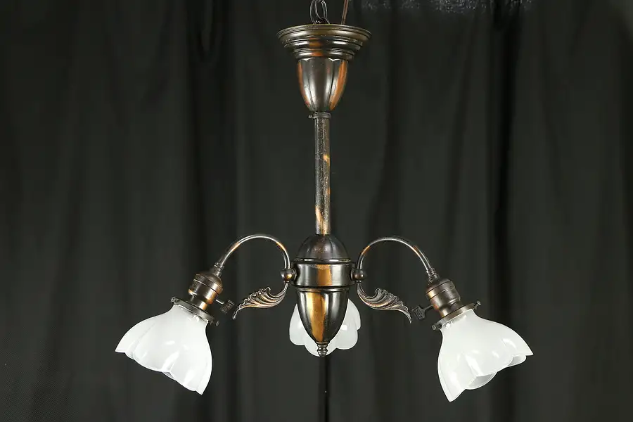 Main image of Victorian Antique Light Fixture, Original Copper Finish & Etched Shades