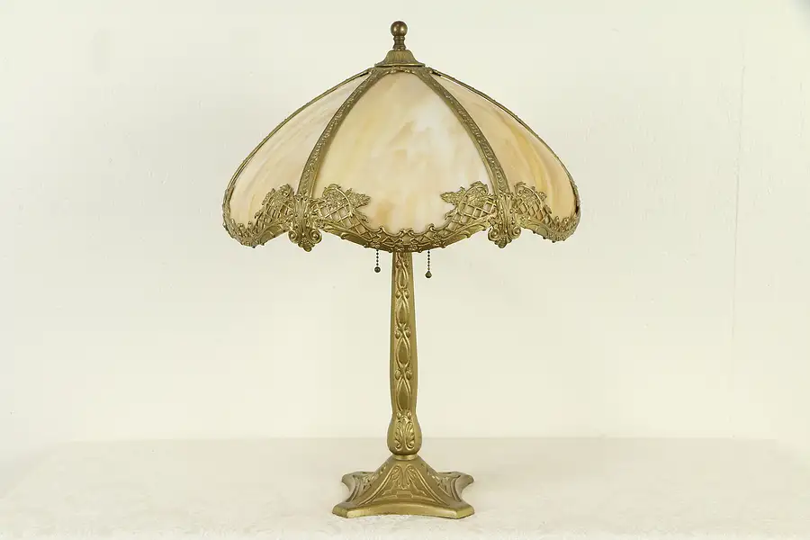 Main image of Stained Glass 6 Curved Panel Antique Table Lamp, Bradley & Hubbard